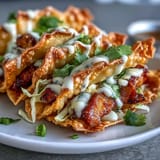 These fusion tacos feature golden wonton shells filled with ginger-marinated chicken and tangy slaw.