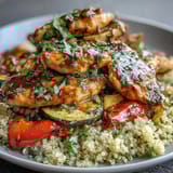 Sliced paprika herb chicken rests on fluffy quinoa alongside golden roasted vegetables and a drizzle of rose harissa. 
