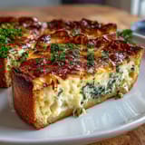 Golden Spring Brunch Quiche with Leeks and Gruyere, baked until custardy and topped with melted cheese.