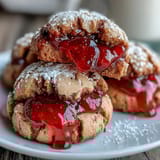 Fresh strawberry jam thumbprint cookies with golden edges and ruby-red centers, ready for sharing at gatherings or enjoying with coffee.
