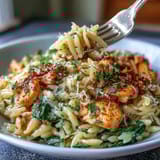 Lemon chicken orzo with tender spinach and zesty citrus, served in a creamy, comforting Mediterranean-inspired skillet meal.  