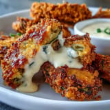 Golden air fryer pickle fries ready to be dipped in zesty, bold spicy mayo.