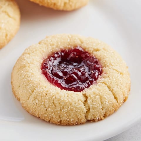 A close-up of freshly baked Thumbprint Cookies: buttery, tender, and perfectly filled with jam.