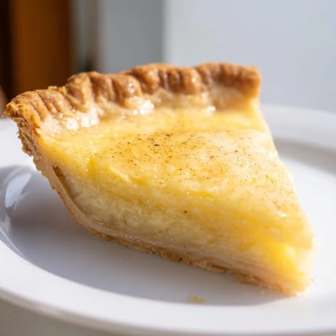 A slice of homemade Buttermilk Pie, showcasing its rich, tangy filling and golden top.