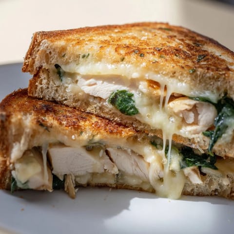 Fresh spinach and juicy grilled chicken are layered inside a warm panini, served hot with a side of tomato soup.