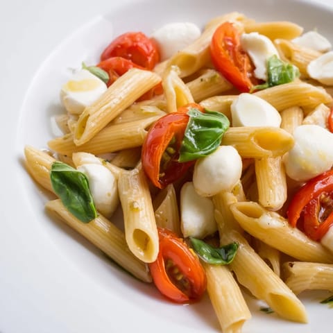 Colorful Caprese Salad Pasta plated with a shiny drizzle of extra-virgin olive oil and balsamic glaze, perfect for a light Italian summer lunch.