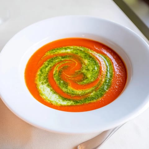 Steaming bowl of velvety Tomato Soup with Basil Pesto Swirl, garnished with crusty bread on the side.