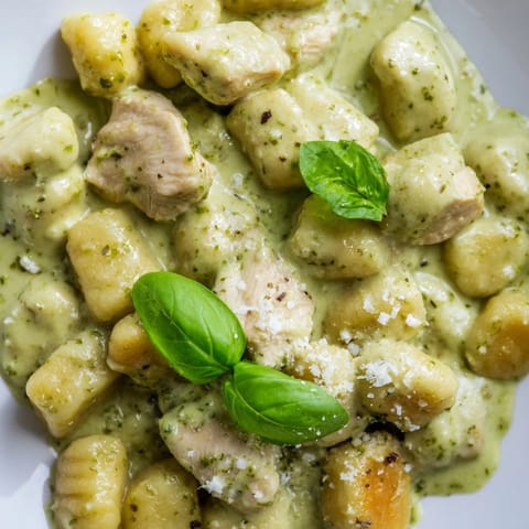 Fresh basil garnish and grated Parmesan top steaming Creamy Pesto Gnocchi with Chicken, ready for a weeknight dinner.  