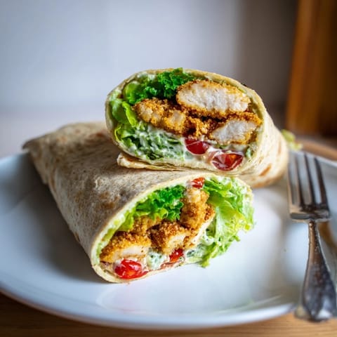 Chopped romaine lettuce and grated Parmesan cheese complete the handheld Hot Honey Chicken Caesar Wrap.