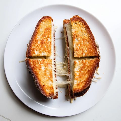 A close-up view of a Triple Cheese Sourdough Grilled Cheese sandwich, revealing gooey provolone and sharp cheddar fillings.  