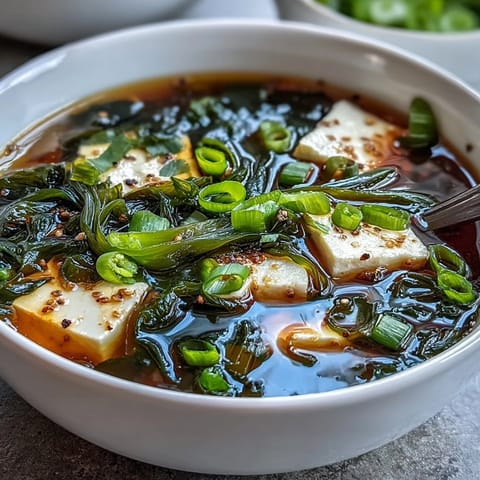 Garnished with fresh scallions, this comforting miso soup offers a nourishing, light meal with deep umami flavor.