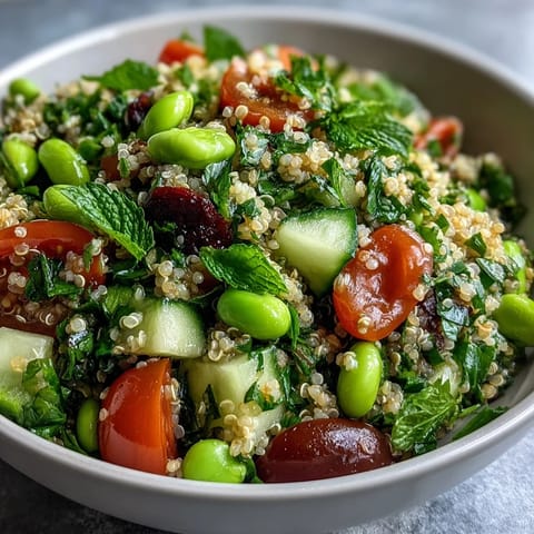 A vibrant Edamame and Quinoa Salad in a white bowl with cherry tomatoes and cucumber, tossed in citrus dressing.