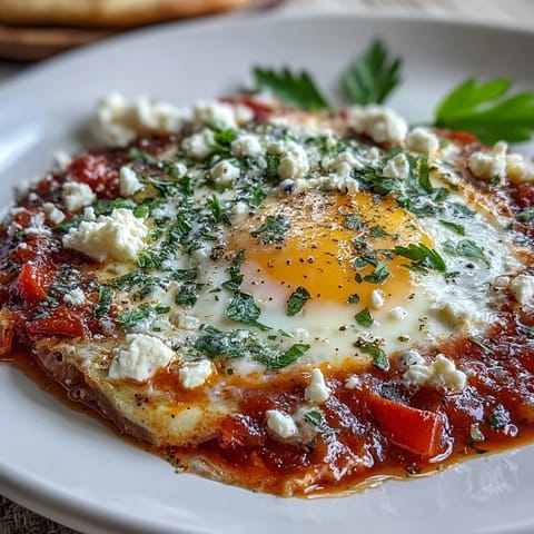 Vibrant shakshuka breakfast dish with eggs nestled in rich tomato and pepper sauce, served warm with crusty bread for dipping on the table.