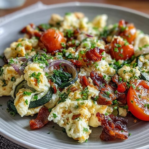 Fluffy scrambled eggs with spinach, cherry tomatoes, and red bell peppers garnished with fresh herbs.  