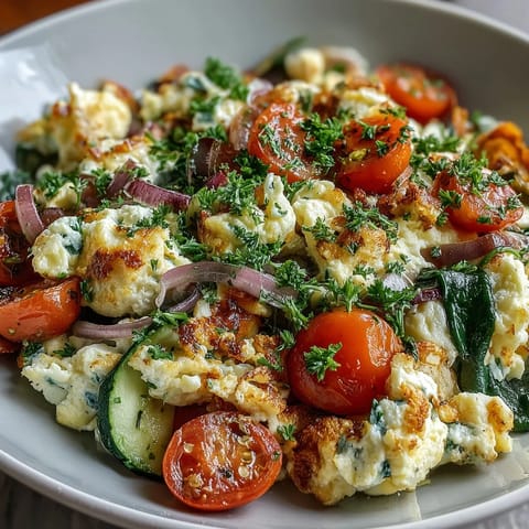 A close-up of an egg and vegetable scramble served on a white plate with whole grain toast.  