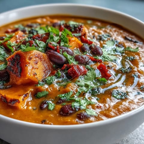 A warm bowl of Sweet Potato and Black Bean Soup garnished with cilantro, avocado slices, and a lime wedge for zesty flavor.