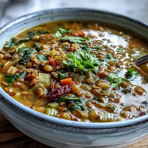 A steaming bowl of Indian Mung Bean Soup garnished with fresh cilantro, carrots, and celery on a rustic table.