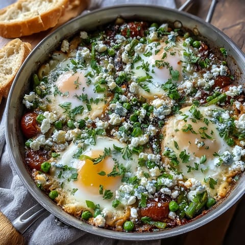 Freshly poached eggs nestled in a vibrant Pea and Broad Bean Shakshuka, garnished with feta and parsley.