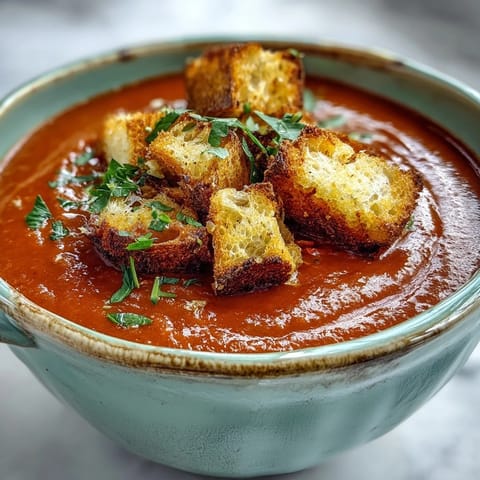 A bowl of creamy roasted red pepper soup topped with golden, crunchy croutons, with a swirl of cream and fresh herbs.