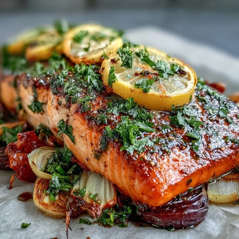 Juicy salmon fillets nestled among caramelized leeks and onions, drizzled with bright green parsley dressing on a platter.