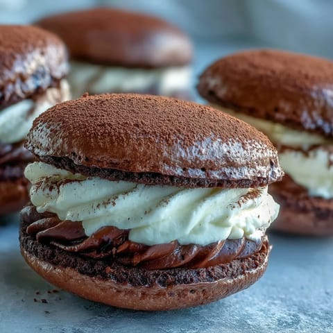 Two soft chocolate whoopie pies with creamy coffee mascarpone filling dusted with cocoa powder on a white plate.