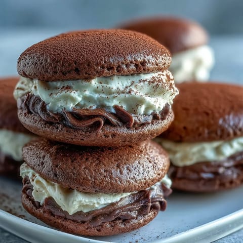 A close-up of Tiramisu Whoopie Pies with visible cocoa dusting, ideal for coffee lovers and dessert tables.