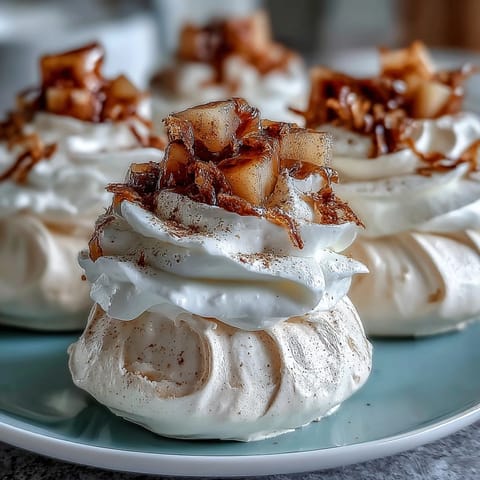 Crisp Mini Hot Toddy Pavlovas with whisky-poached pears and whipped cream on a rustic plate.