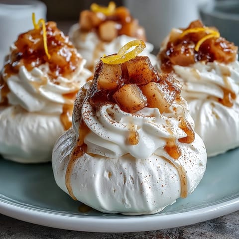 Eight Mini Hot Toddy Pavlovas topped with spiced pears, ready to serve on a linen tablecloth.