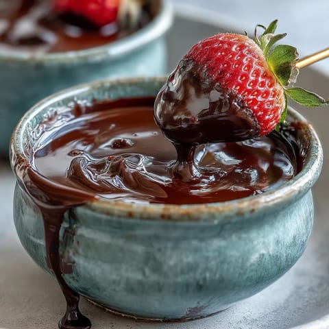 Creamy Boozy Chocolate Fondue steams in a pot, surrounded by fresh fruit and cake dippers.