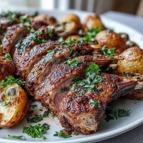 Frenched lamb chops with a rosemary-thyme crust served over savory roasted potatoes tossed with briny olives and capers.