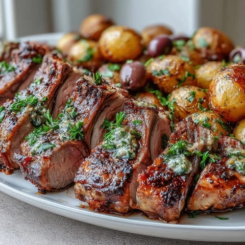 Golden rack of lamb roasted to medium-rare alongside crispy baby potatoes studded with green olives and lemon zest.