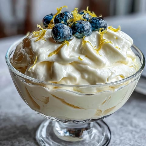 A marbled Lemon Fool dessert, featuring creamy lemon filling swirled with whipped cream and fresh raspberries for a bright finish.