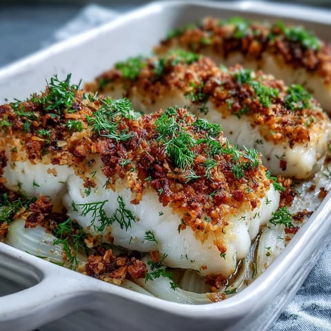 Golden-baked halibut fillets on a bed of roasted fennel slices topped with a crunchy lemon-walnut pangrattato.