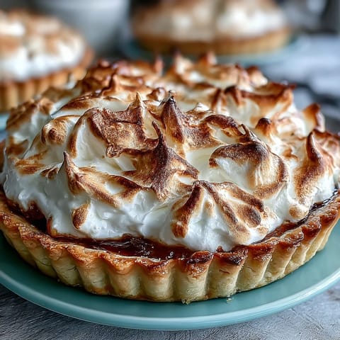 Flaky golden pastry crust holds bright yellow lemon filling topped with fluffy meringue. 