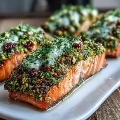 Warm fillets of Confit Salmon With Tahini, Pistachio and Herb Crust on a platter, served with lemon wedges and a drizzle of olive oil.