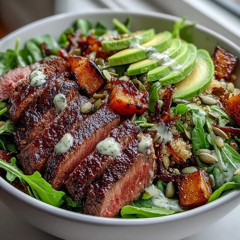 Golden roasted butternut squash steak bowls feature fluffy quinoa and smoky seared beef.