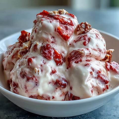 Freshly frozen Greek yogurt clusters featuring a marbled strawberry swirl and chopped banana chips, offering a healthy, gluten-free dessert snack perfect for summer.