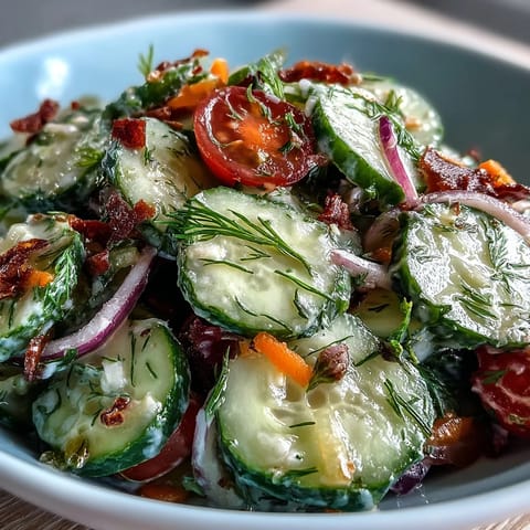 A bowl of Refreshing Crunchy Cucumber Salad with red onion and fresh dill.
