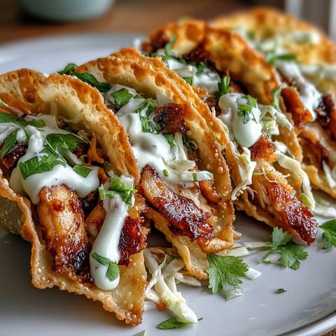 Crispy Chicken Wonton Tacos with spicy sriracha mayo and fresh cilantro garnish.