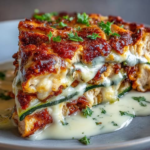 Freshly baked High Protein Chicken Zucchini Bake with bubbly golden mozzarella, layered with tender chicken and crisp zucchini slices.