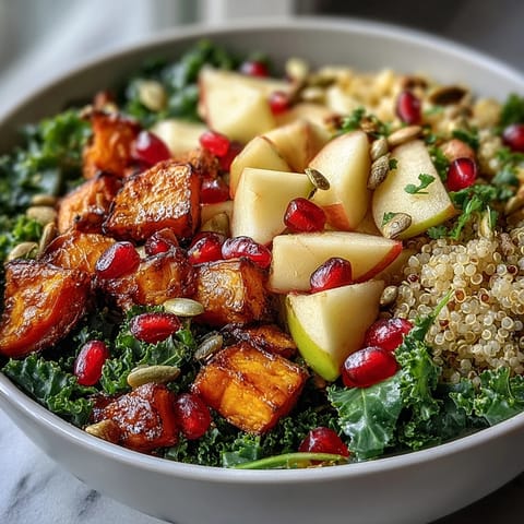 A vibrant Kale Harvest Grain Bowl topped with golden roasted sweet potatoes, crisp apple cubes, and jewel-like pomegranate seeds.