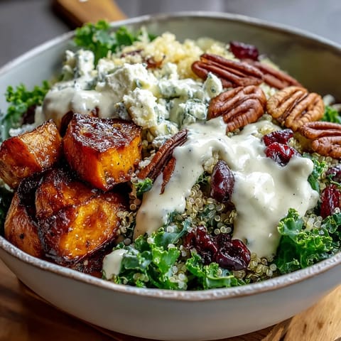 Golden roasted sweet potatoes, fluffy quinoa, and crisp kale topped with crunchy pecans and tangy blue cheese in a Harvest Kale Quinoa Bowl.