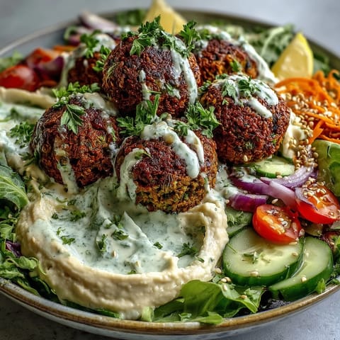 Fresh salad greens, cherry tomatoes, cucumber, and shredded carrots add crunch to this vibrant vegetarian falafel bowl.