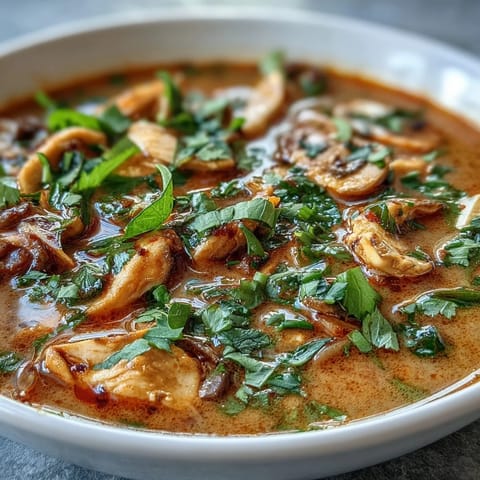 Thai Coconut Curry Soup Bowl with tender chicken, mushrooms, and carrots in a creamy red curry broth, garnished with fresh cilantro and chili slices.  