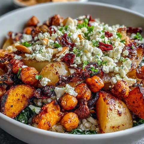 Wholesome Fall Harvest Bowl with roasted sweet potatoes, Brussels sprouts, crispy chickpeas, kale, apples, celery, almonds, and feta.  