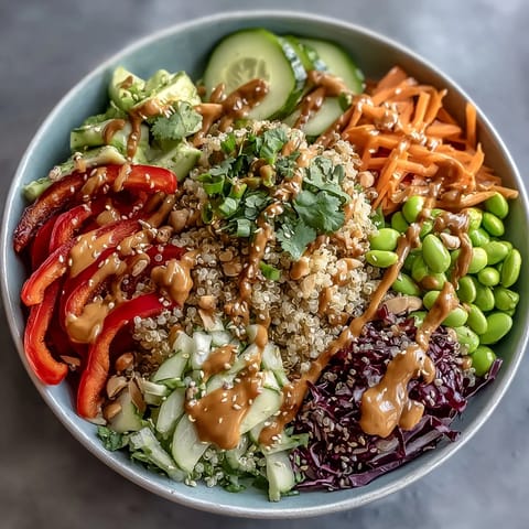 Creamy coconut-infused quinoa topped with crisp red bell peppers, shredded carrots, and purple cabbage for a nourishing meal.  