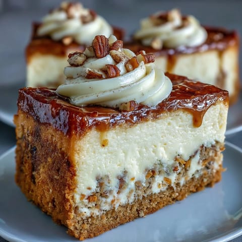 Creamy carrot cake cheesecake bars swirled with cinnamon and vanilla, topped with smooth cream cheese frosting.  