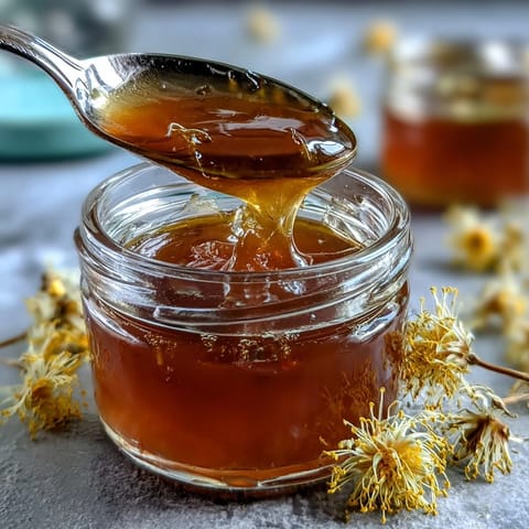 Delicate floral dandelion jelly, captured in a spoon, with a slice of buttered toast and fresh petals.  