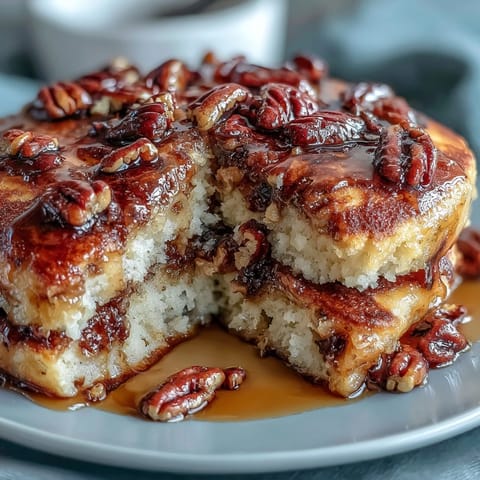 A fluffy baked pancake casserole topped with golden maple syrup drizzle, perfect for a cozy breakfast table.