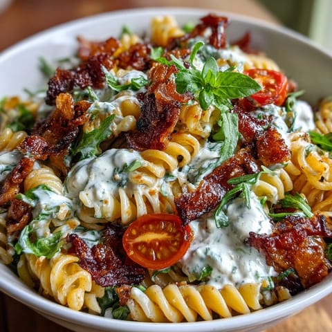 Fresh BLT pasta salad with bacon, avocado, and cherry tomatoes in a creamy lemon dressing, perfect for summer cookouts or lunch.